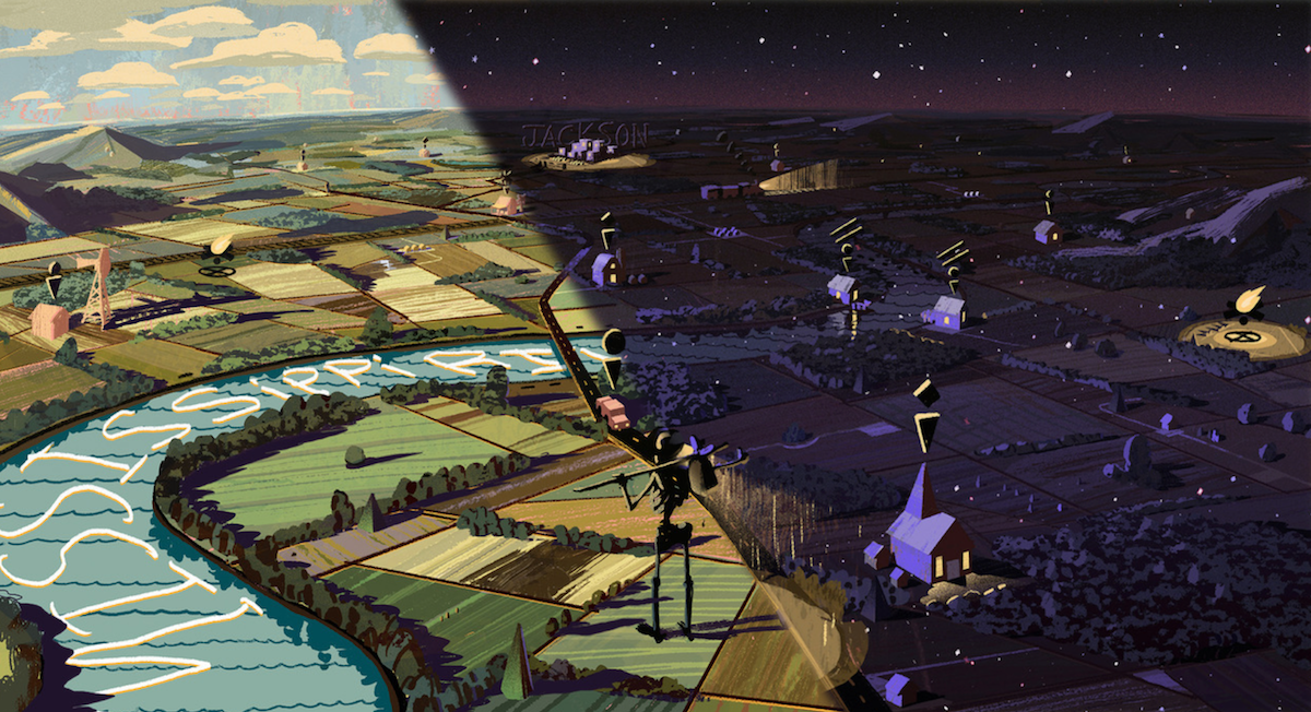 Jett’s daytime and nighttime concept illustrations for the overworld map of Where The Water Tastes Like Wine — we’ve overlaid the nighttime version onto the daytime version to show the contrast.