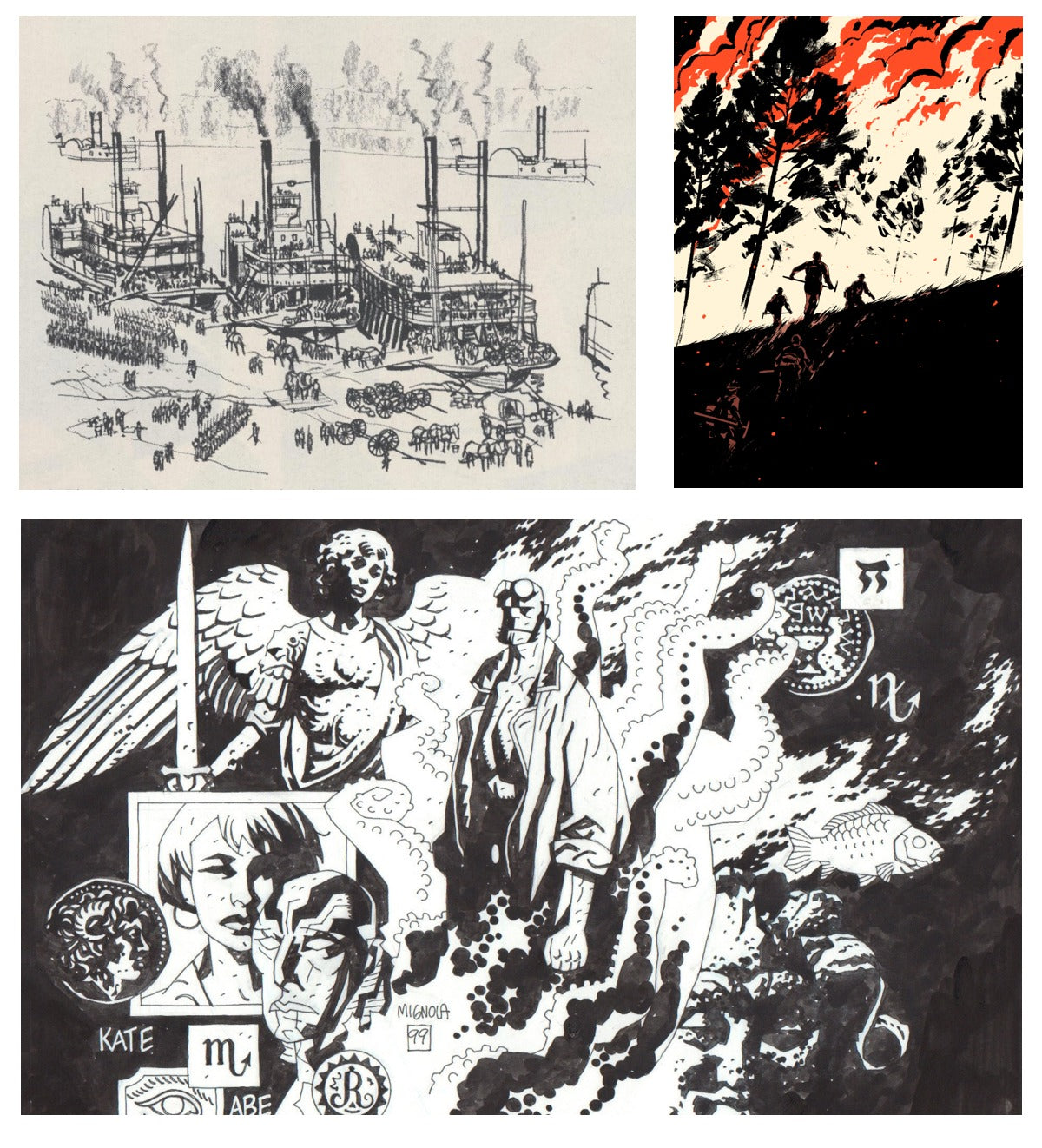 Illustrations by (top left) Noel Sickles; (top right) Patrick Leger; (bottom) Mike Mignola.