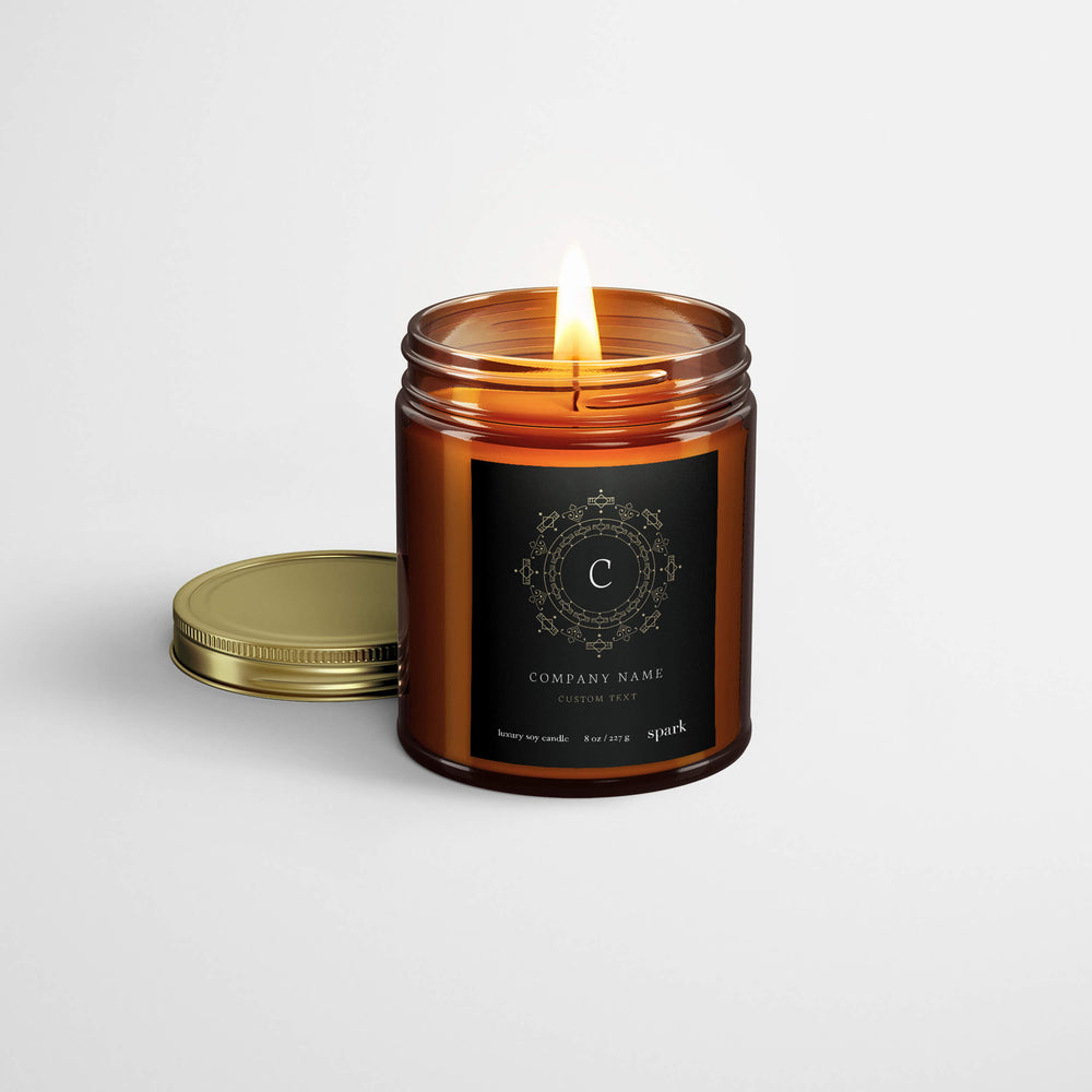 Download Custom 8oz Aromatherapy Soy Candle In Amber Glass Jar With Metal Lid Matte Black Boutique Label Spark Candles