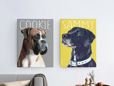 Custom dog portrait canvases with yellow and grey Pantene color of 2021