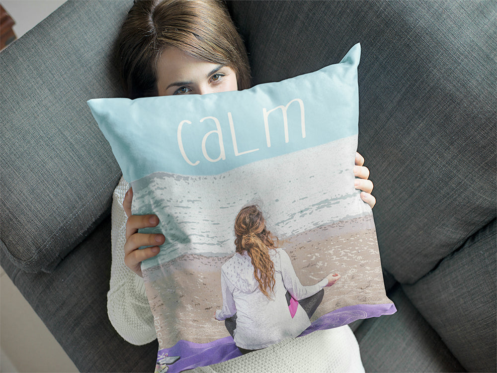 Lady with her own custom art pillow with calm on it
