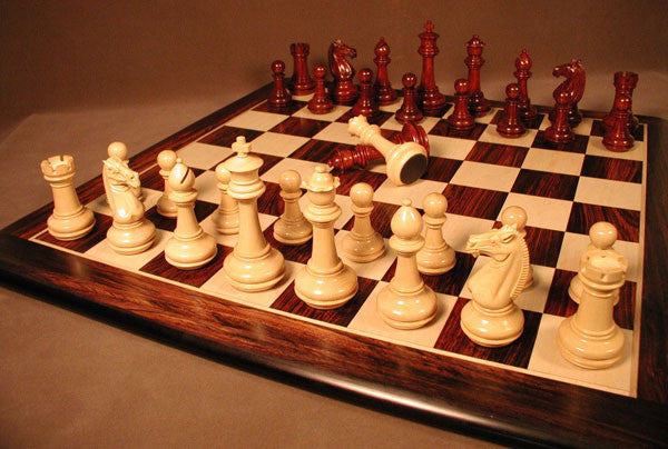 Rosewood/maple Thick Chess Board W/ Meghdoot Bud Rw Chessmen