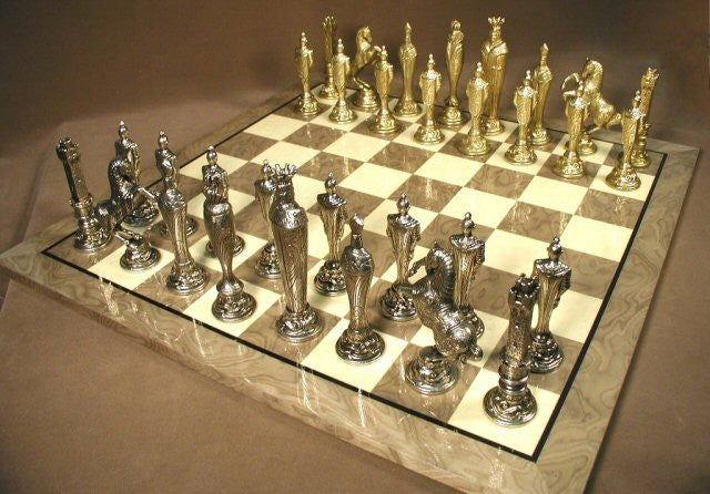 Renaissance Metal Chess Pieces With 5 1/2" King On 21 7/10" Glossy Grey Briar Board