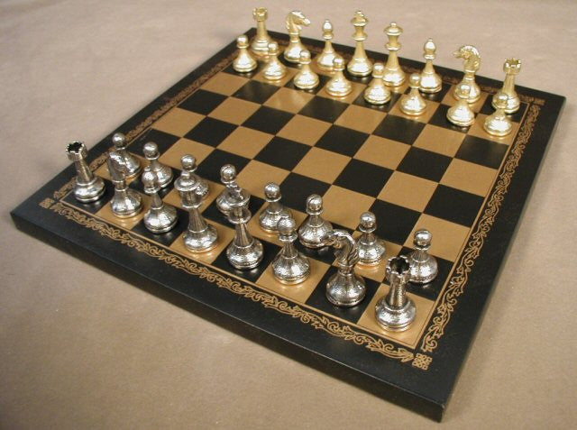 Staunton Metal Chess Pieces With 2" King On 10 1/2" Pressed Leather Chess Board