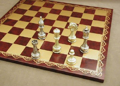 Staunton Metal Chess Pieces With 4" King On Pressed Leather 18" Chess Board