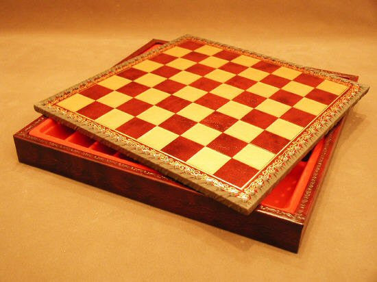 11" Burgundy And Gold Pressed Leather Chess Board With Chest