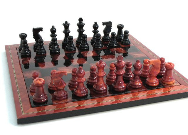 15" Alabaster Chess Set, Inlaid Wood Frame, Red & Black, 3" King