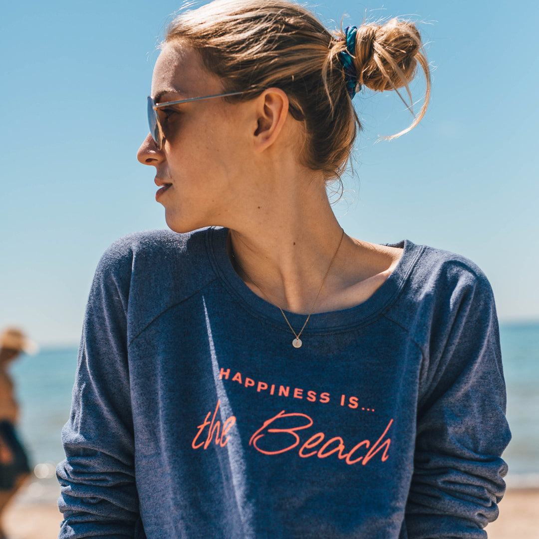 Women's Beach Crew Sweatshirt, Heather Navy - Happiness Is...