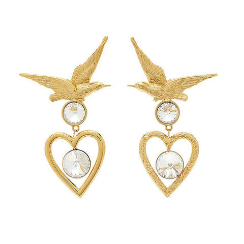 "BIRD & HEART" GOLD-PLATED WITH SWAROVSKI CLEAR CRYSTALS