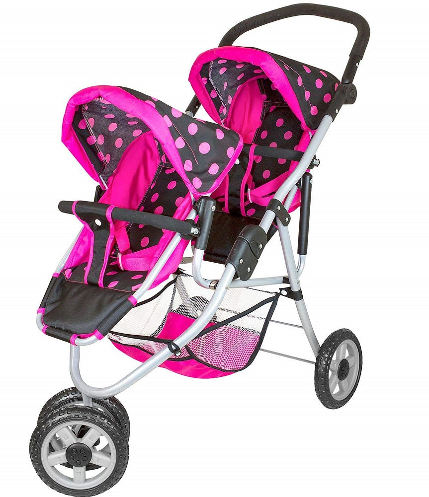 LISSI Deluxe Twin Doll Jogger Black with Pink Trim and Pink Polka Dots ...