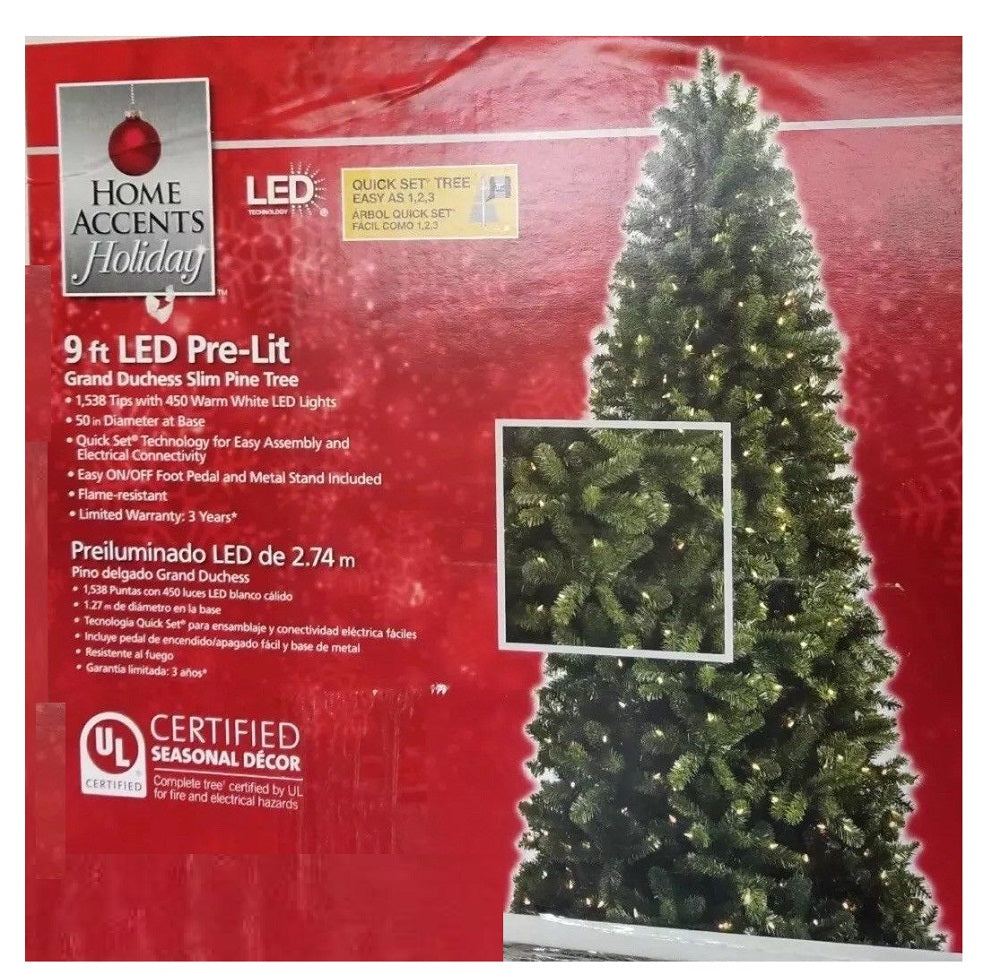 9 ft LED Pre-Lit Grand Duchess Slim Pine Artificial Christmas Tree, Wh ...