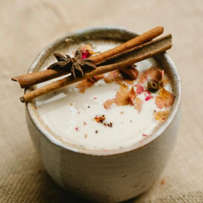 A freshly brewed cup of chai tea latte.