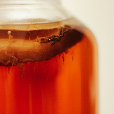 A jar filled with kombucha with a floating SCOBY.