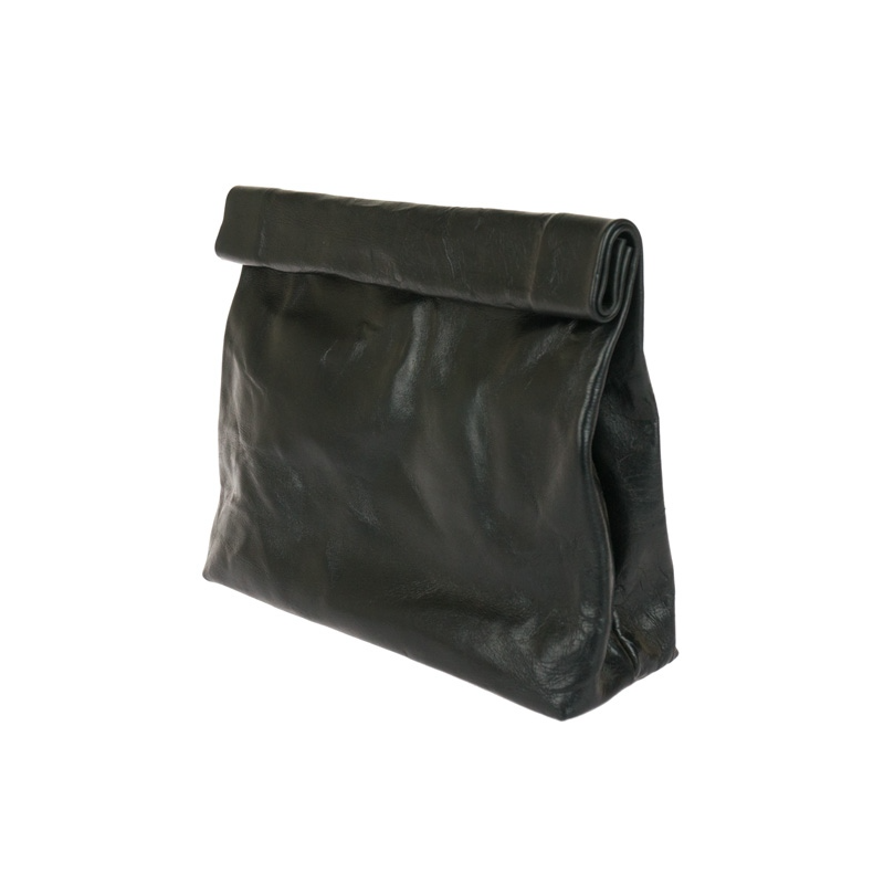 black leather lunch bag