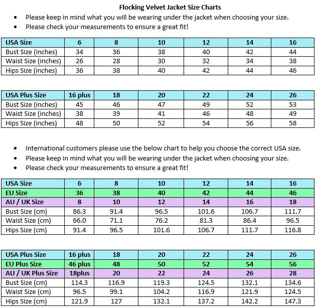 Flocking Velvet Jacket Size Chart