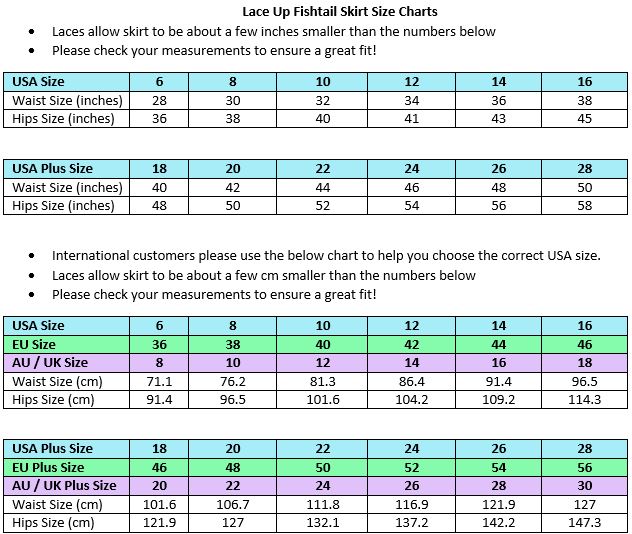 Lace Up Fishtail Skirt Size Chart