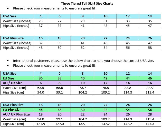 Three Tiered Tail Skirt Size Chart