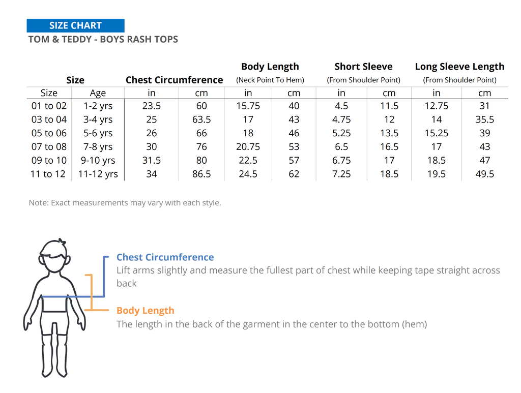 Tom and Teddy Size Chart– Ocean Paradise