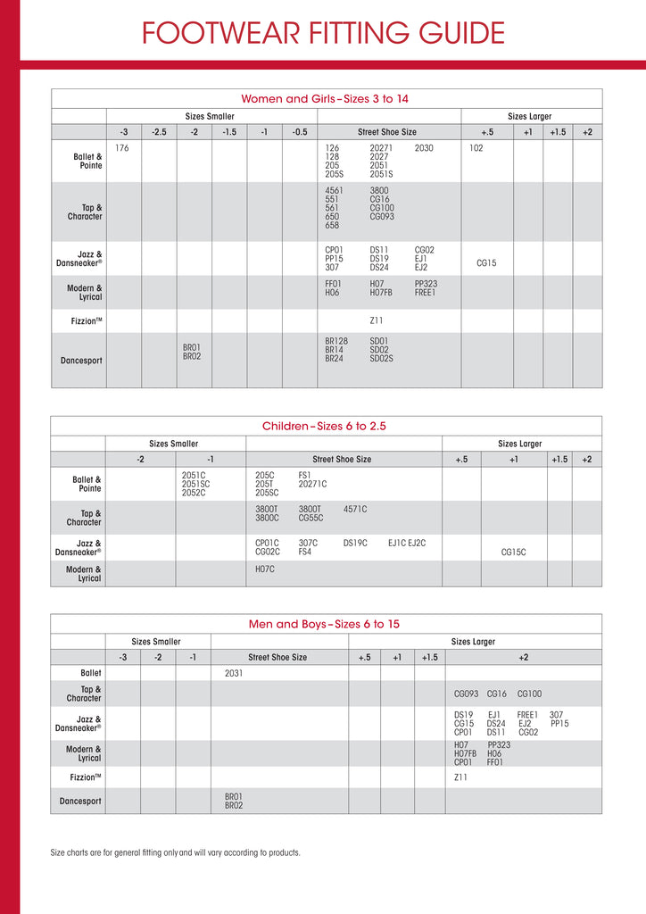 Capezio Footundeez Size Chart