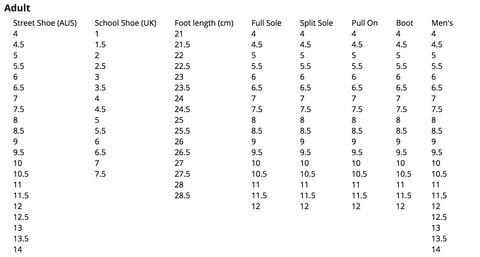 Energetiks Footwear Size Chart - Dancewear Nation Australia