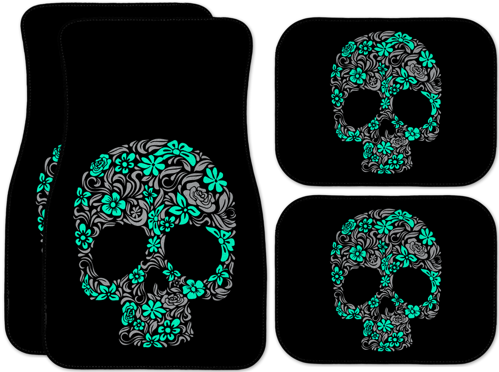 Floral Skull Car Vehicle Floor Mats Aqua Grey On Black