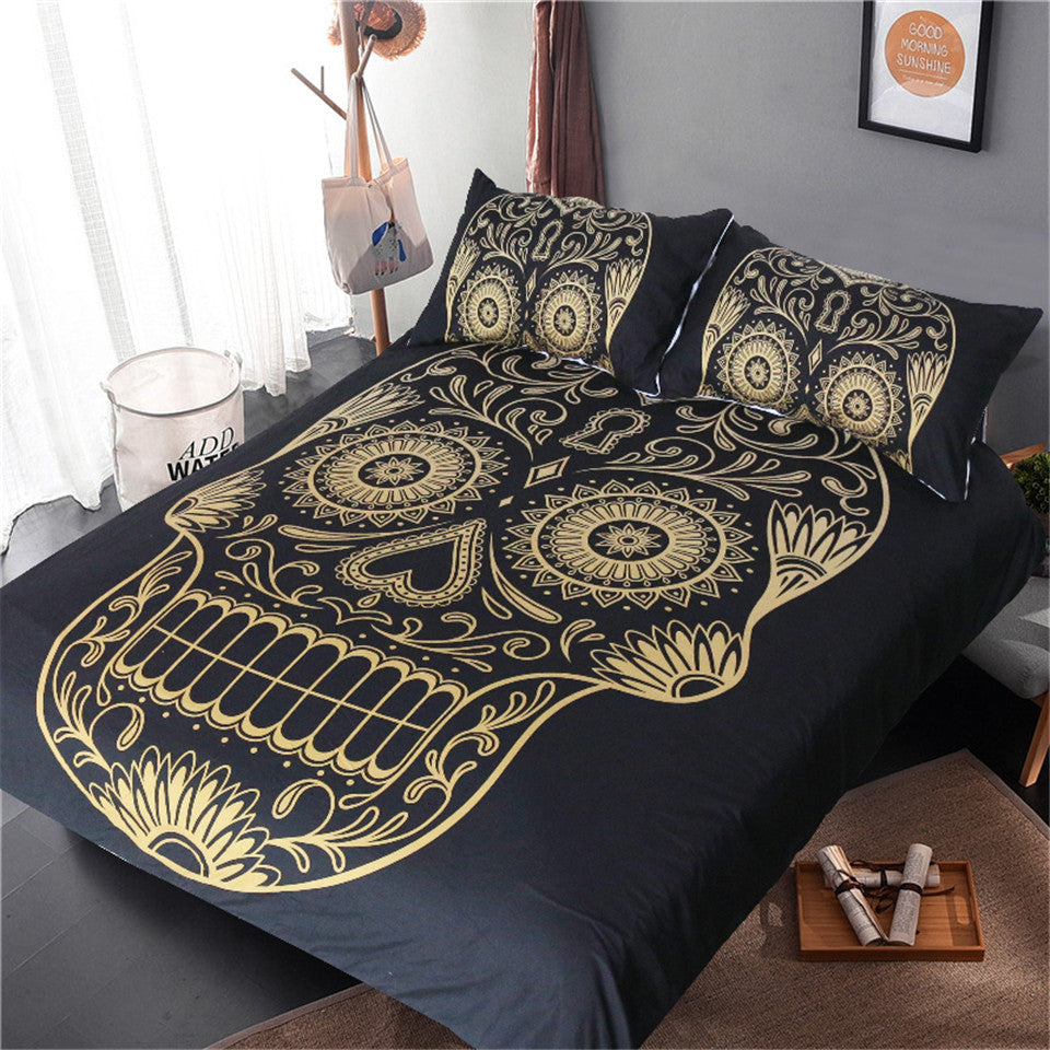 Golden Sugar Skull Duvet Cover Pillow Cases Set Sugar Skull