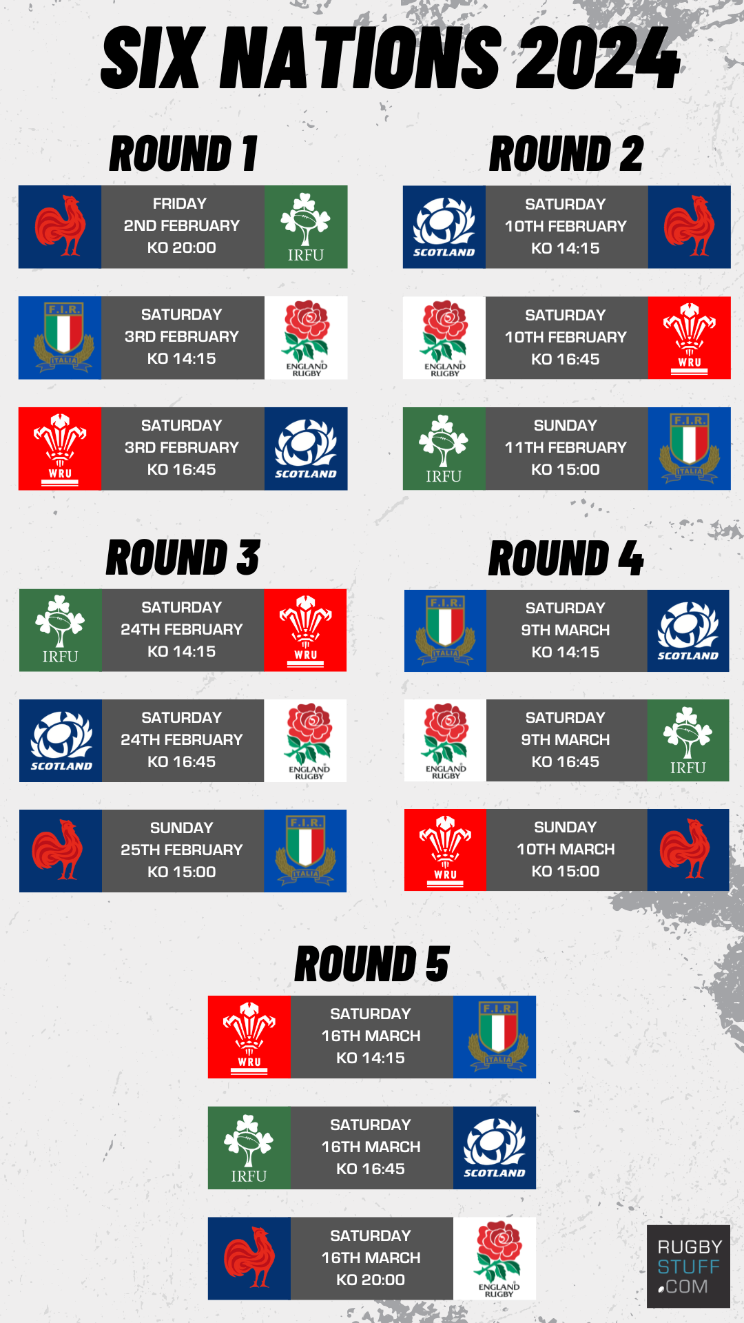 2024 Six Nations Fixtures - Rugbystuff