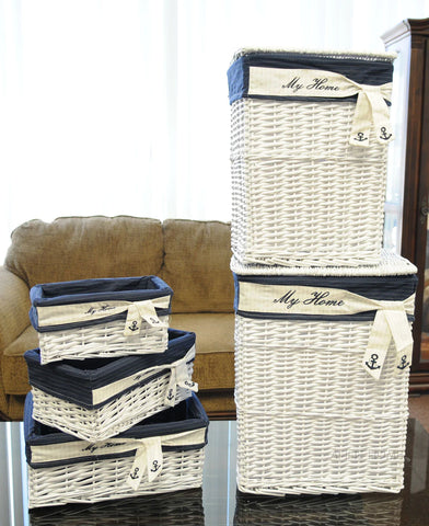 Set of 5 Rectangle White & Navy Blue Willow Baskets, Hamper