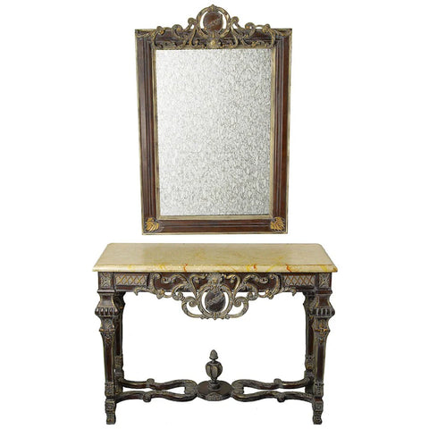 Antique Reproduction Carved Wood Console Table with Mirror