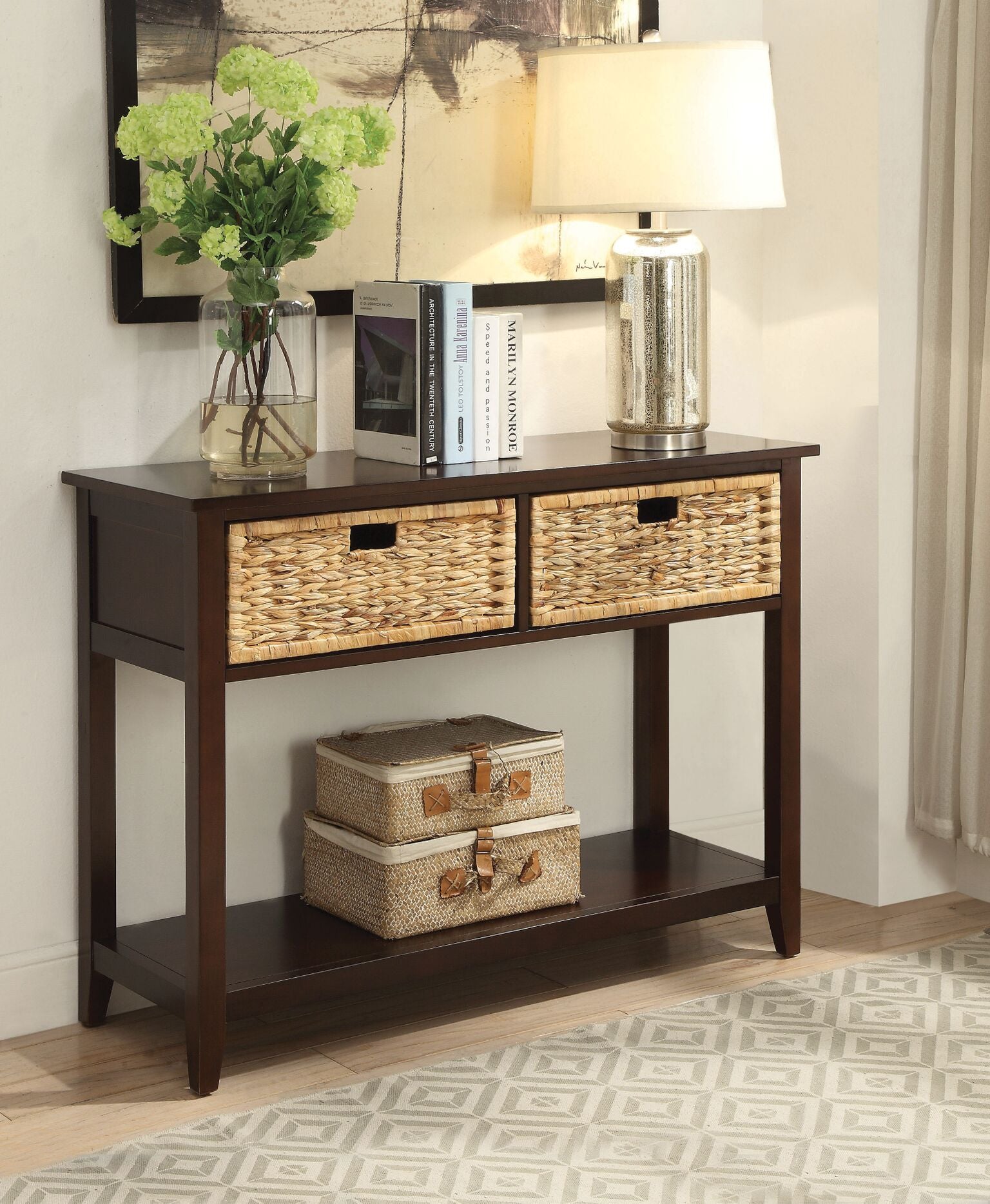 Coastal Console Table with Wicker Basket Drawers Adley & Company