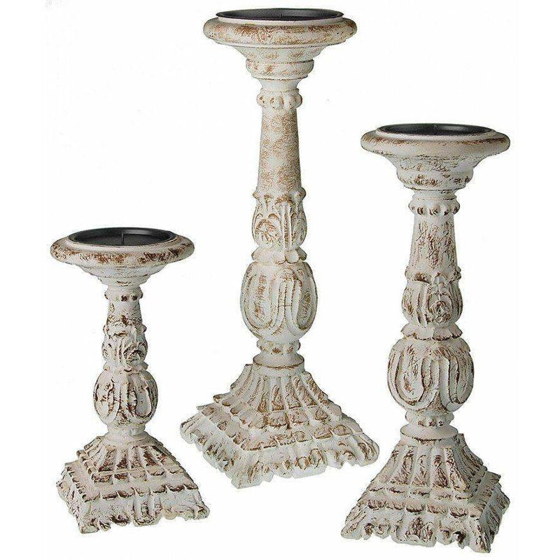 White Wood Carved Pillar Candle Holders, Set of 3 Adley & Company Inc.