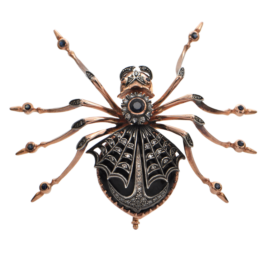 Antique Russian 14K Rose Gold Enamel Spider Brooch With Diamonds