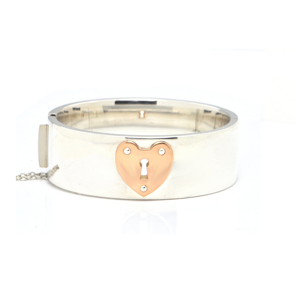 Vintage Tiffany & Co. Large Hinged 925 Sterling Silver Bangle with 18K Rose  Gold Heart