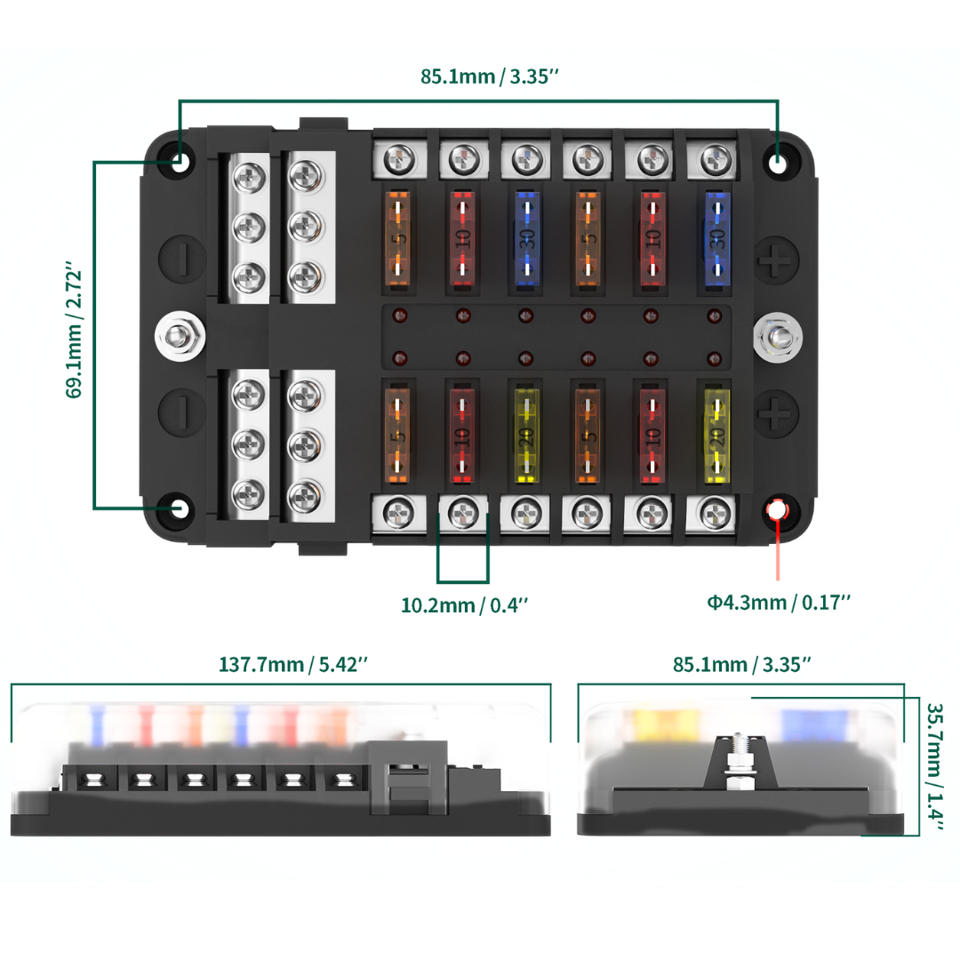 12 Way Blade Fuse Box 100A with Positive & Negative Busbar / Stud