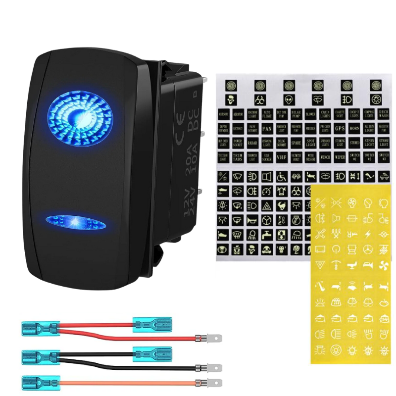  Rectangular Rocker Switch with Blue LEDs and Sticker Icons