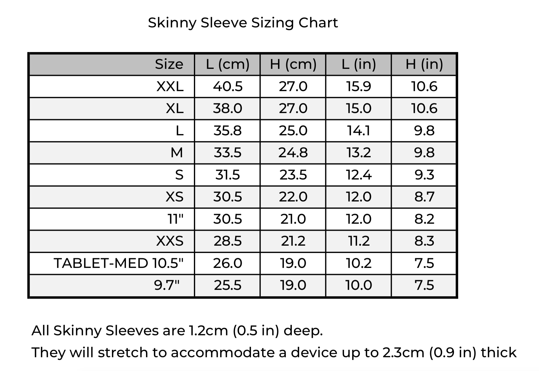 Apple Bags Size Chart