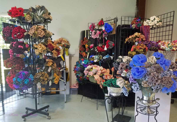 KarenTiedeStudio fabric flowers at the Fat Cat Art Fest 2018.