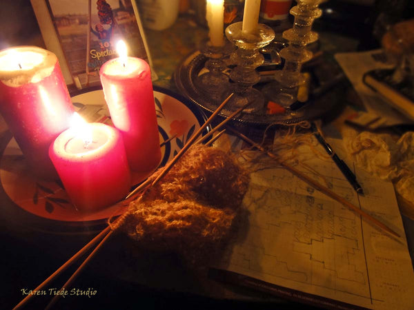 Knitting a lace sample by candlelight during Hurricane Matthew.