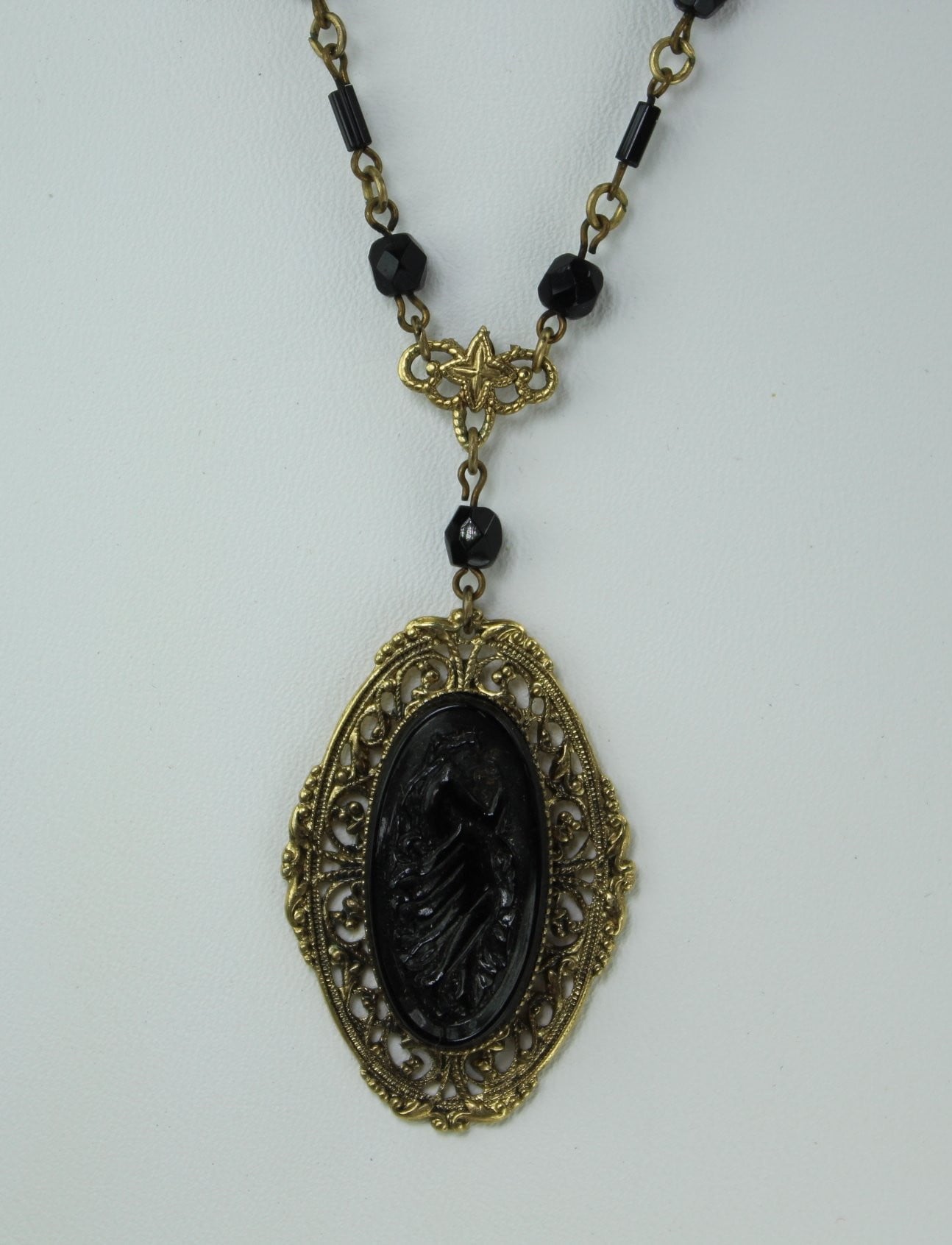 1928 Gold Tone Pendant Necklace Reproduction Filigree Victorian Woman ...