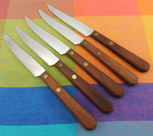 Vtg 4 Carravelle by Robeson 9 Serrated Steak Knives w/ Wood Handles Japan