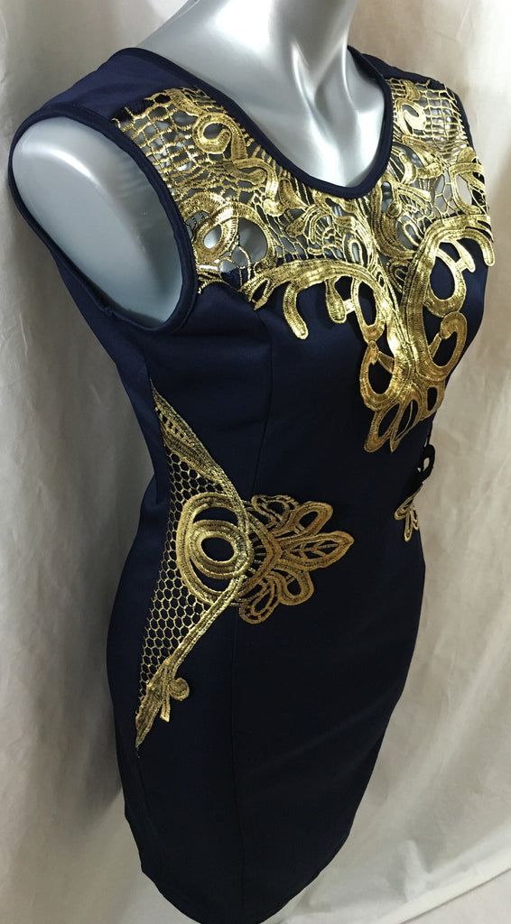 navy dress with gold
