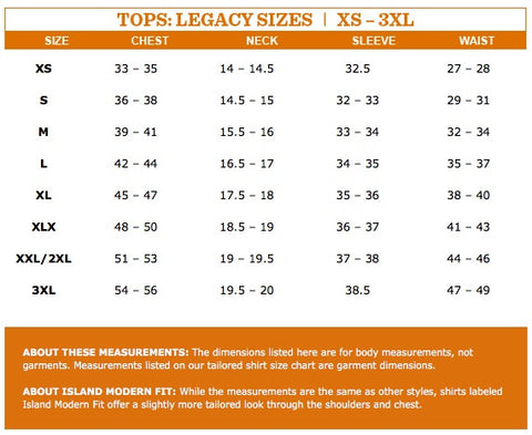 tommy bahama size chart sizing guide fit guide