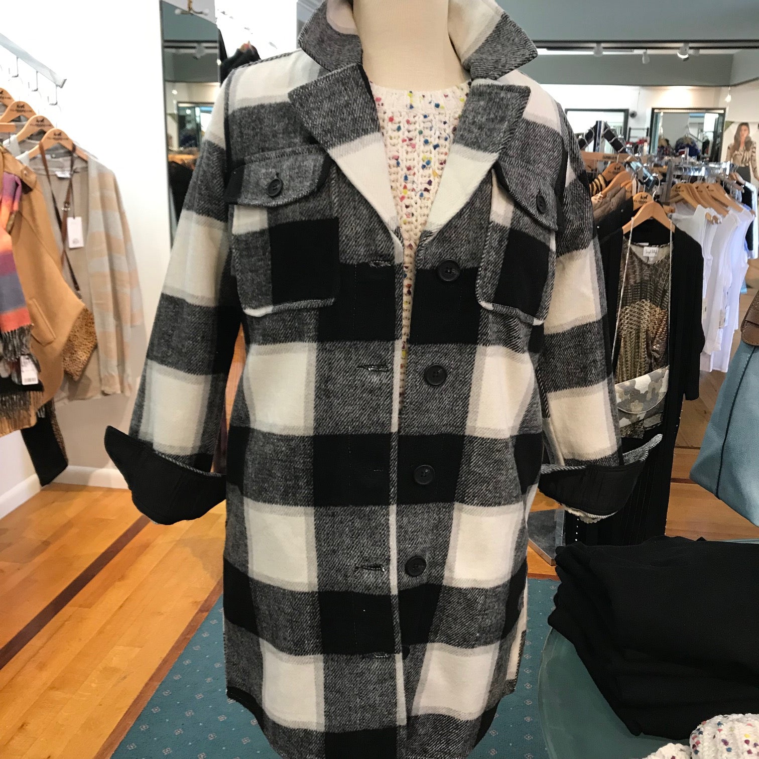 Women's Tribal Jeans | Long Plaid Shirt Jacket | Black and White