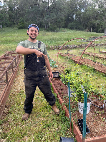 Family Friendly Farms at Our Lady's Ranch in Grass Valley, CA - young adult man smiling and pointing at sapling plants ready for the soil.