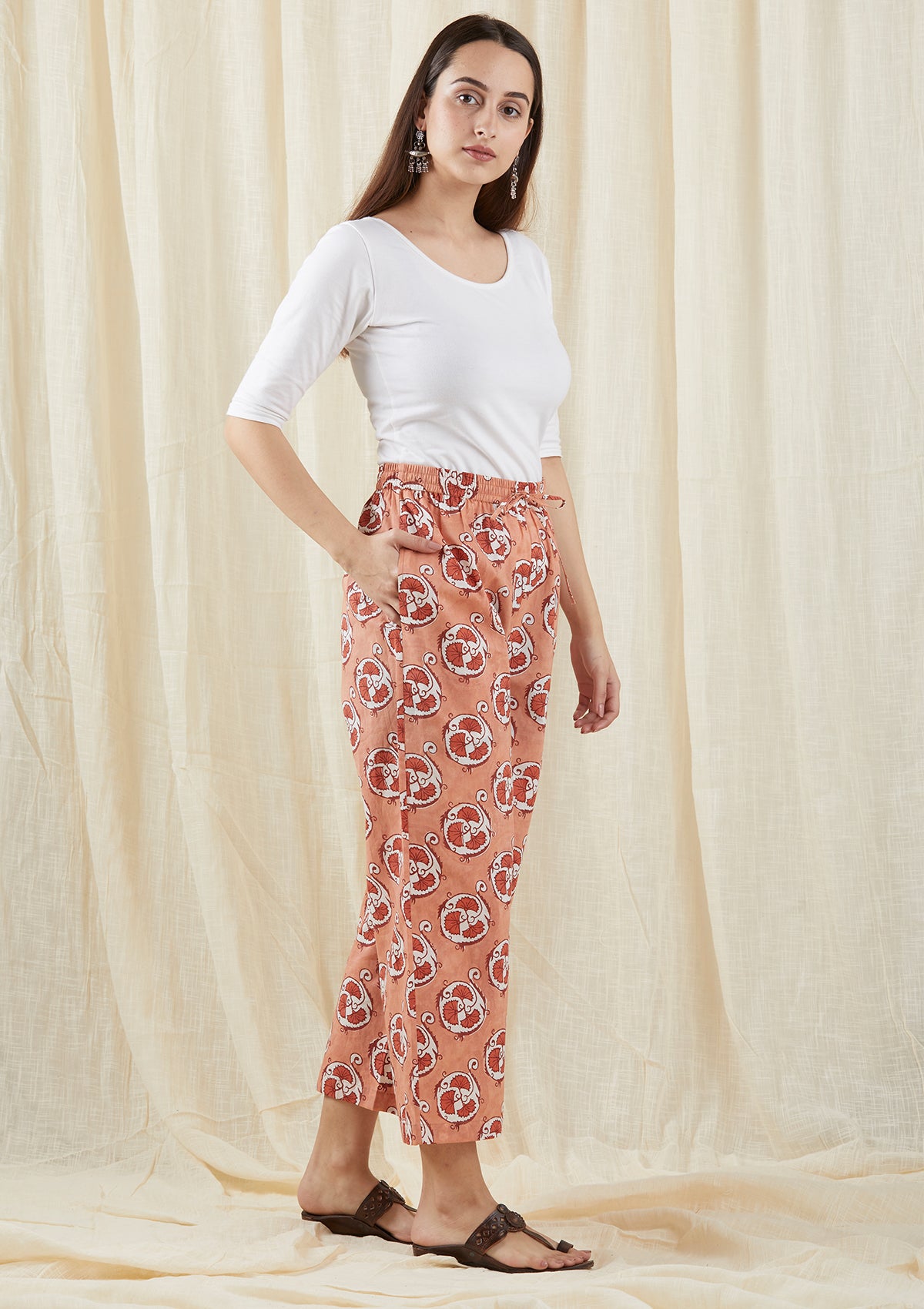 Indian Gypsy Loose Fit Pants in Peach with Leaf Print