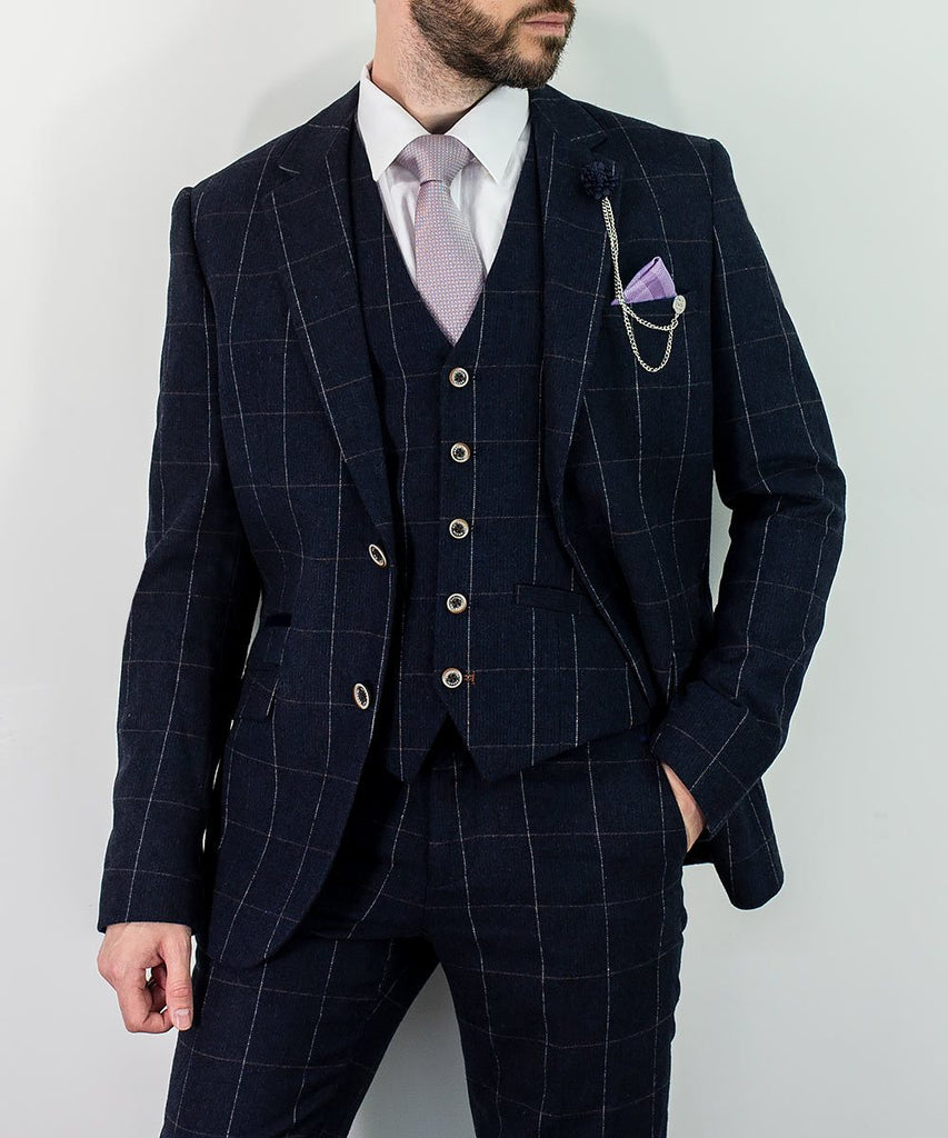 Navy Blue White Check Suit Check 3 Piece Richard Paul Menswear