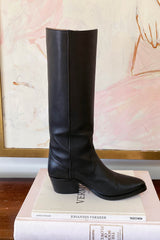 Tall Black Leather Boots with Chunky Heel