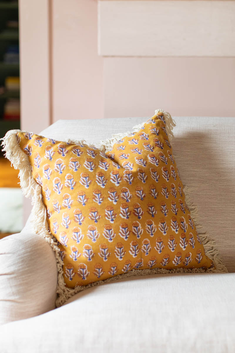 Handblock Pillow Cover - French Marigolds Saffron Linen