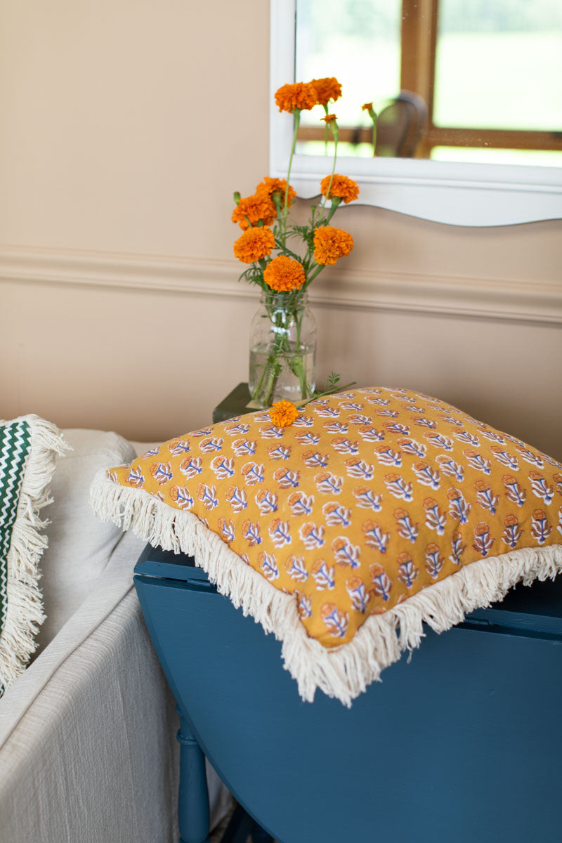 Handblock Pillow Cover - French Marigolds Saffron Linen