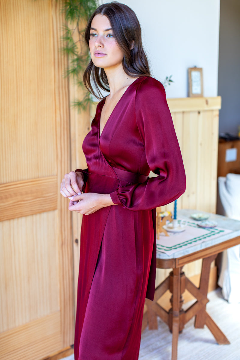 Bishop Sleeve Dress  - Cabernet Satin